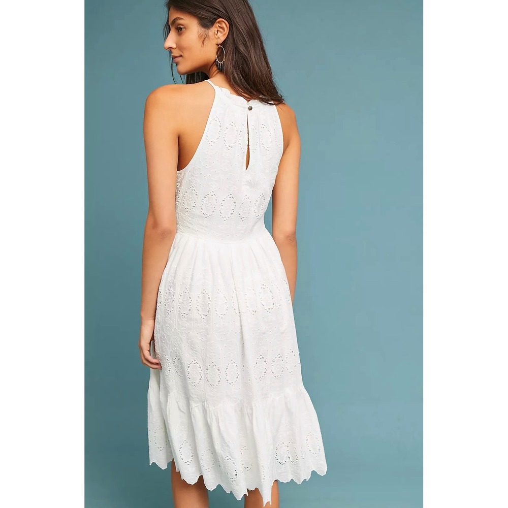 Maeve Anthropologie Tiered Eyelet Flounce Midi Dress White Halter Embroidered  0 - Picture 11 of 11